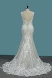 2024 Mermaid Straps Lace Wedding Dresses With Applique Open Back Court Train