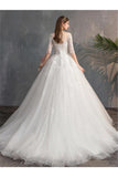 Romantic 3/4 Sleeves Illusion Neckline Appliques Wedding Dresses