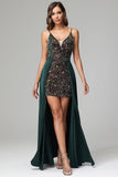 Detachable Train Dark Green Spaghetti Straps Sequins Homecoming Dress