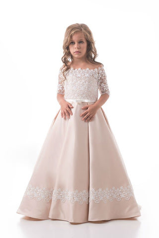 2024 Boat Neck Flower Girl Dresses A Line Mid-Length Sleeves Satin Floor Length