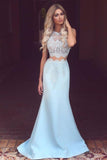 Elegant Two Piece Mermaid Blue Lace High Neck Cap Sleeve Satin Prom Dresses