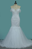 2024 Off-The-Shoulder Mermaid Wedding Dresses Tulle With Applique Court Train