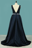 2024 V Neck A Line Satin Prom Dresses With Beaded Waistline Asymmetrical