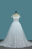 2024 Off The Shoulder A Line Wedding Dresses Tulle With Applique Sweep Train