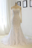 2024 Scoop Long Sleeves Wedding Dresses Mermaid Tulle With Beading Court Train Detachable