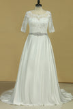 2024 Plus Size Mid-Length Sleeve Wedding Dresses Scoop Satin With Applique