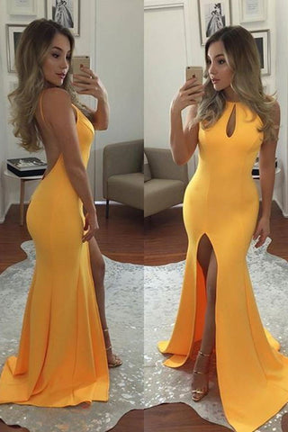 2024 New Arrival Scoop Prom Dresses Sheath Satin With Slit Open Back