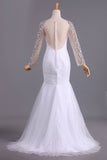 2024 Wedding Dresses Mermaid Scoop Long Sleeves Floor Length Tulle With Beading