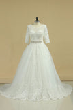 2024 Scoop Mid-Length Sleeves Wedding Dresses A Line Tulle With Applique & Beads