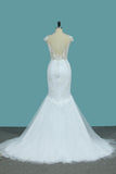 2024 Scoop Tulle Mermaid Wedding Dresses With Applique Sweep Train Open Back