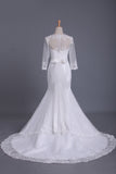 2024 Scoop 3/4 Length Sleeve Mermaid Wedding Dress Tulle With Sash Court Train