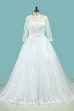 2024 Bateau Wedding Dresses Long Sleeves A Line Court Train Tulle With Applique