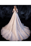 Ball Gown Tulle Wedding Dresses Short Sleeves Appliques Court Train