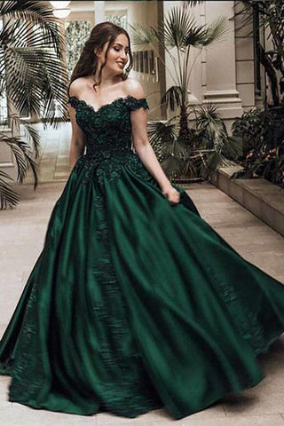 A-Line Ball Gown Off the Shoulder Green Sleeveless Sweetheart Lace Satin Prom Dresses