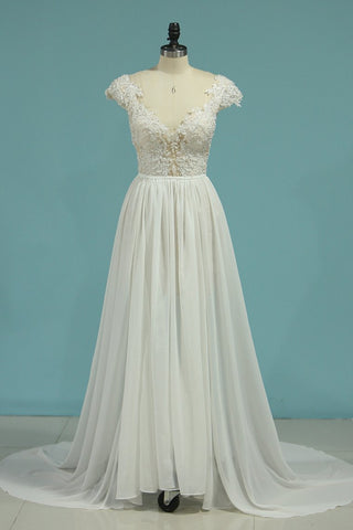 2024 Beach Wedding Dresses A-Line V-Neck Chiffon Full Beaded Top