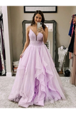 Tulle Sparkly Long Prom Dress, Spaghetti Straps Long Party Dress Ruffles