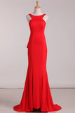 2024 Open Back Evening Dresses Scoop Mermaid Red Sweep Train