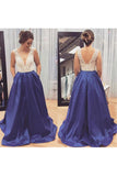 2024 A Line V Neck Prom Dresses Satin With Beading Sweep Train Zipper Up