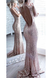 Sparkly Rose Gold Long Sheath Mermaid Open Back Prom Dresses Party Dresses