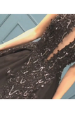 Sexy Ball Gown High Neck Black Tulle V Neck Sequins Party Dresses, Prom Dresses