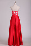 2024 New Arrival Strapless With Applique A Line Satin Evening Dresses Floor Length