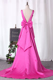 New Arrival V Neck Open Back Mermaid Prom Dresses Satin With Bow Knot