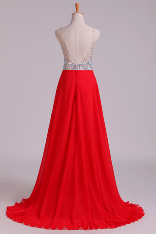 2024 Prom Dress V-Neck A-Line Beaded Tulle Bodice Sweep Train Chiffon