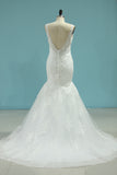 2024 Romantic Wedding Dresses 2024 Mermaid/Trumpet V-Neck Court Train Beaded Tulle Open Back With Zipper