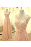 2024 Prom Dresses A Line Scoop Chiffon With Applique And Sash Sweep Train