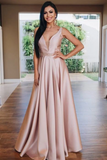 V Neck A-Line Beaded Prom Dress Floor Length Satin