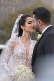 2024 Luxurious Long Sleeves Scoop A Line Lace Wedding Dresses With Pearls Royal Train