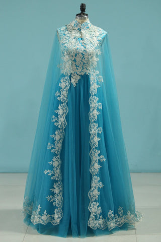 2024 Muslin Prom Dresses With Cape  A-Line Spaghetti Straps Tulle With Gold Applique Floor-Length