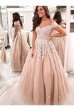 Off The Shoulder Tulle Formal Prom Dresses, Appliques Wedding Dresses