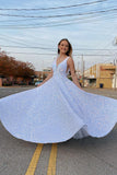 Shiny White Sequins A-Line V-Neck Formal Evening Dresses Long Prom Dresses