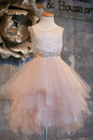 Blush Pink Flower Girl Dresses Cap Sleeve Asymmetric Tulle Lace Top Cute Dress for Kids