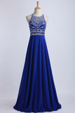 2024 Halter A-Line/Princess Prom Dresses Tulle And Chiffon Dark Royal Blue Sweep Train