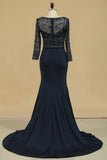 2024 Dark Navy Spandex Scoop 3/4 Length Sleeves Beaded Bodice Mother Of The Bride Dresses Mermaid/Trumpet