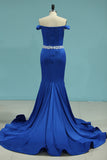 2024 Prom Dresses Off The Shoulder Beaded Waistline Spandex Sweep Train