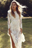 Mermaid Lace Sweep Train Wedding Dress Long Sleeves Scoop