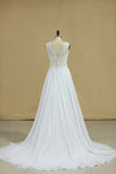 2024 Open Back Scoop Wedding Dresses 30D Chiffon With Applique A Line