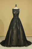 2024 Black Sexy Bateau  A-Line Prom Gown Sweep Train With Beads & Applique