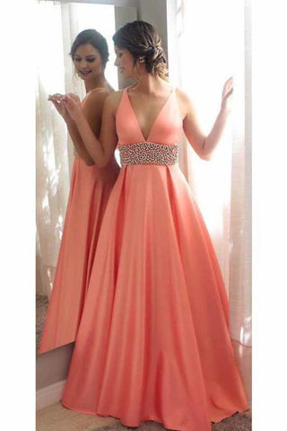 2024 New Arrival V Neck Beaded Waistband A Line Satin Prom Dresses