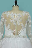 2024 Plus Size Wedding Dresses Long Sleeves Bateau A Line Tulle With Applique