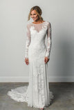 Mermaid Lace Court Train Wedding Dress Long Sleeves Scoop