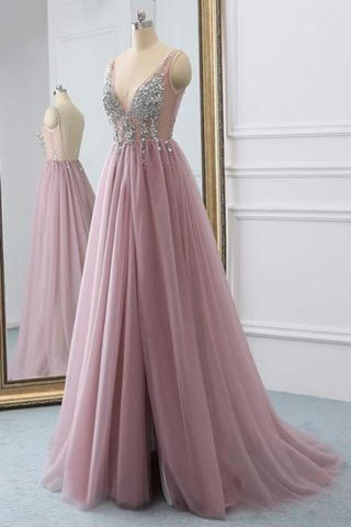 2024 Tulle Beading A-Line V-Neck Prom Dresses WIth Sweep Train