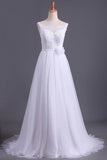 2024 Straps A Line Wedding Dress Court Train Tulle With Applique & Handmade Flower