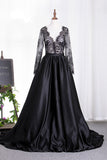 2024 New Arrival Prom Dresses V Neck Satin 3/4 Length Sleeves With Applique