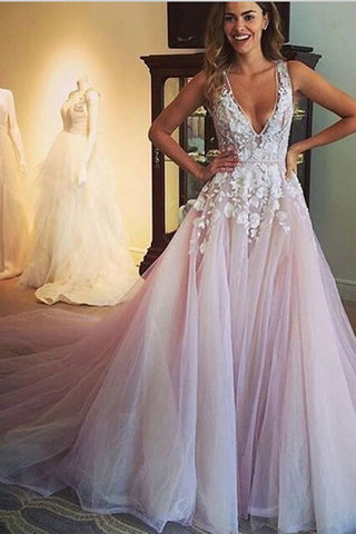 Elegant Prom Dresses V-Neck Tulle With Applique A-Line