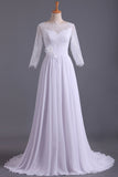 2024 Bateau 3/4 Length Sleeve A Line Wedding Dresses Chiffon With Applique & Handmade Flower