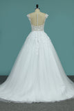 2024 Wedding Dresses Scoop Tulle With Applique A Line Chapel Train